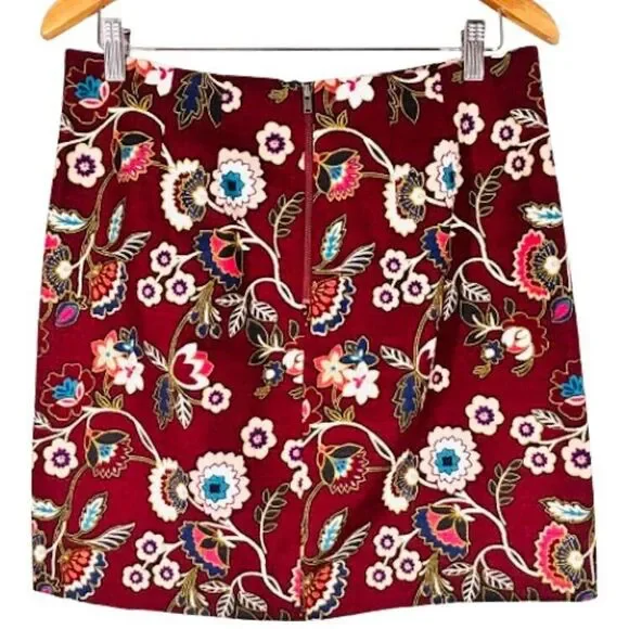 Ann Taylor Skirt 6 Burgundy White Bold Floral Linen Texture Cotton Stretch - Picture 2 of 7